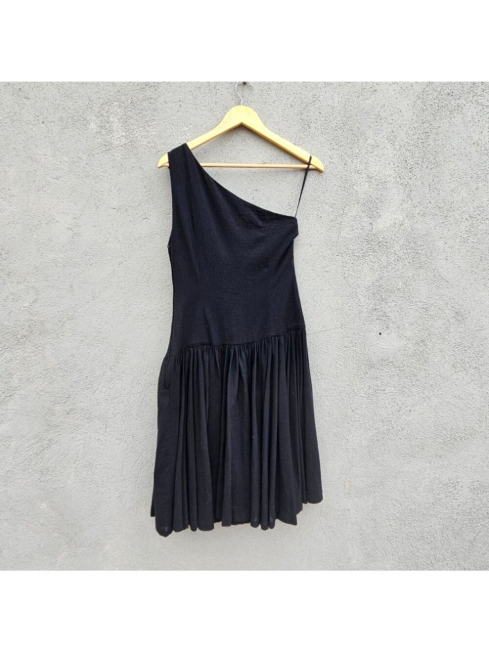 Vintage Georges Rech Paris Black One Shoulder Drop Waist Dress Rosette S - Picture 14 of 15